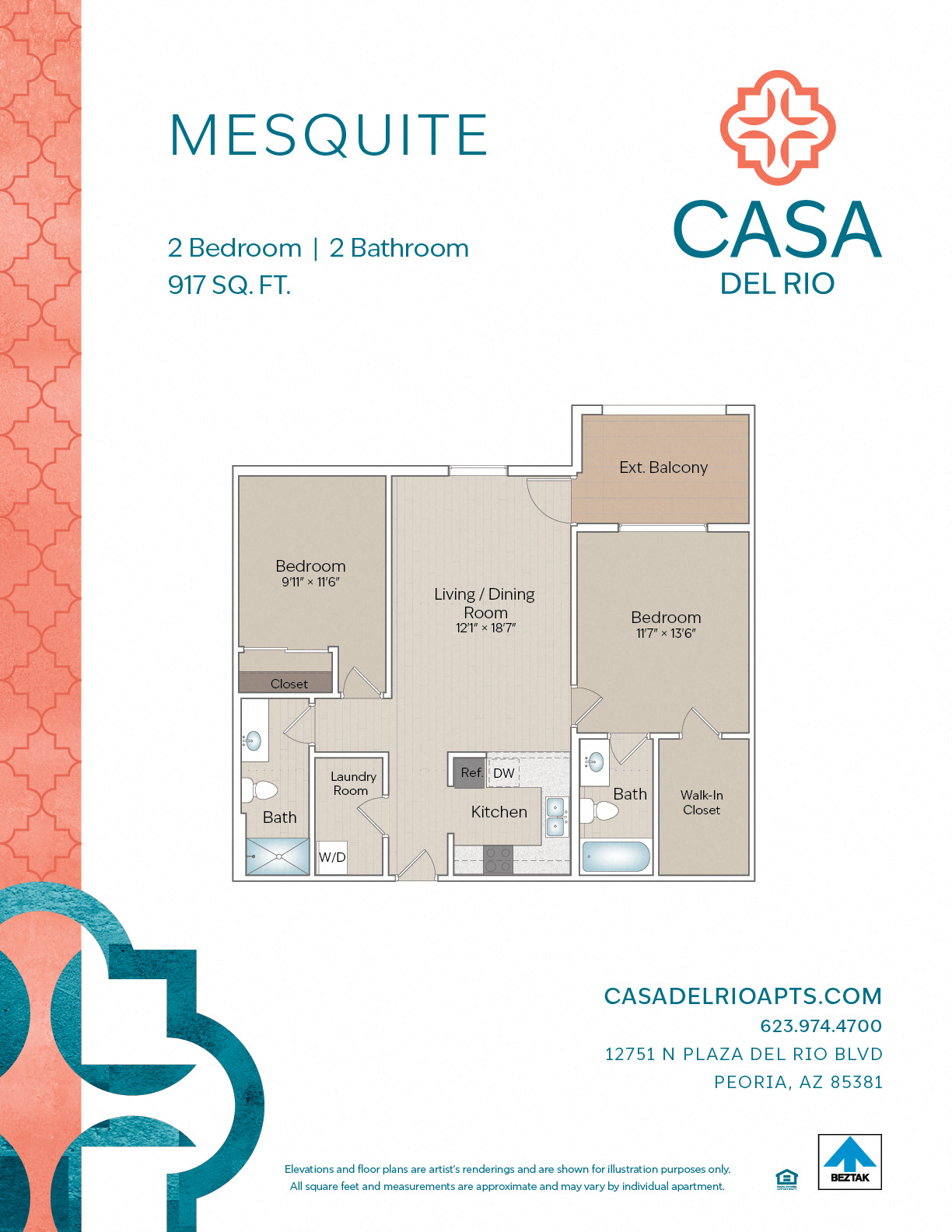 Floor plan for 2 beds, 2 baths, 917 sqft